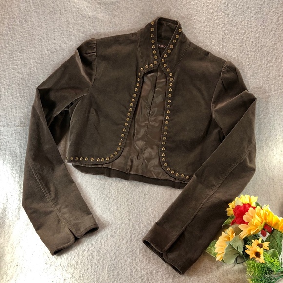 NWOT - BAMBU Brown-Gray Velveteen Crop Jacket with Bronze Studs - Picture 1 of 16